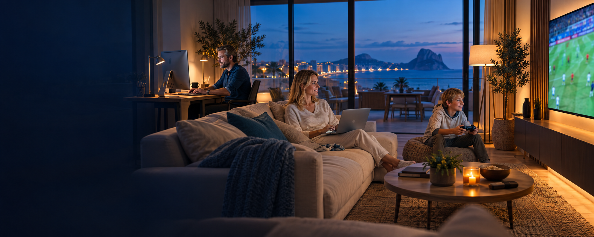 A Scandinavian family using internet, gaming and television in their Costa Blanca apartment