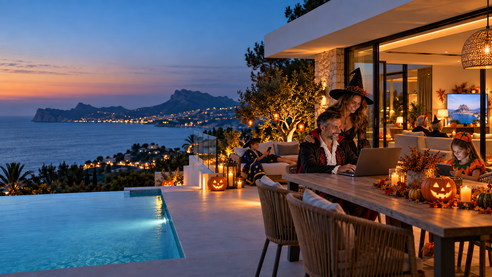 A family enjoying a connected Halloween evening at their Costa Blanca home