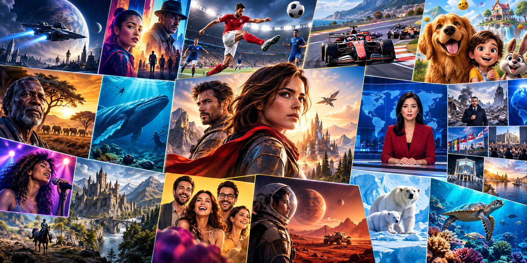 A colourful collage representing films, live sport, children's entertainment, documentaries and international news