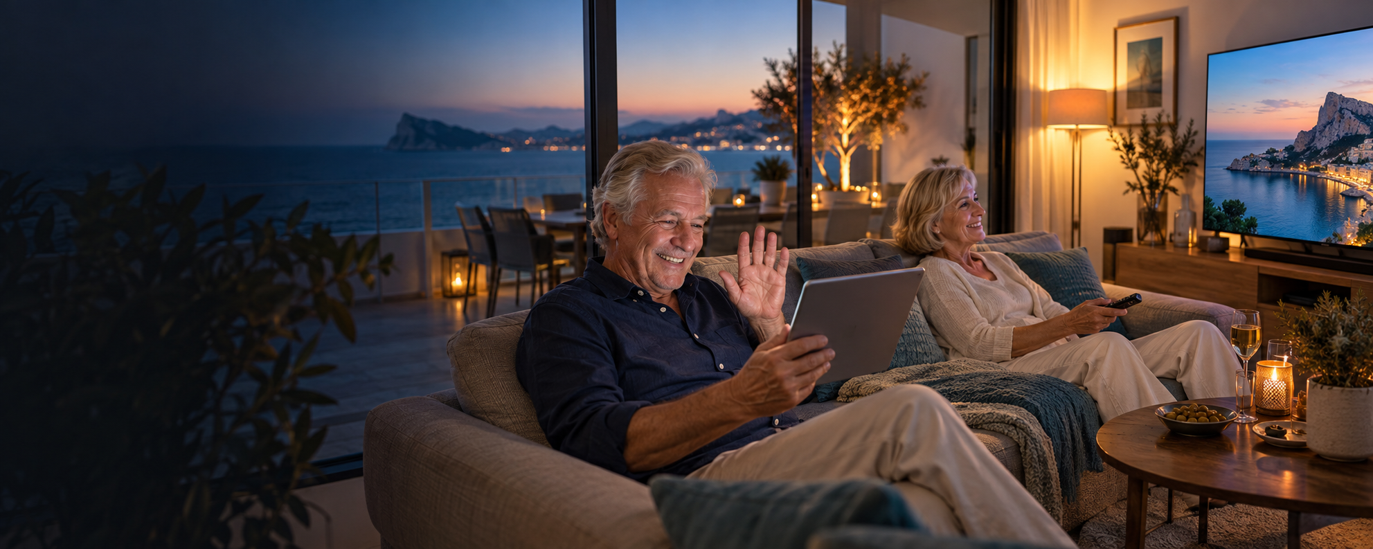 A German senior couple enjoying television and a video call in their Costa Blanca apartment