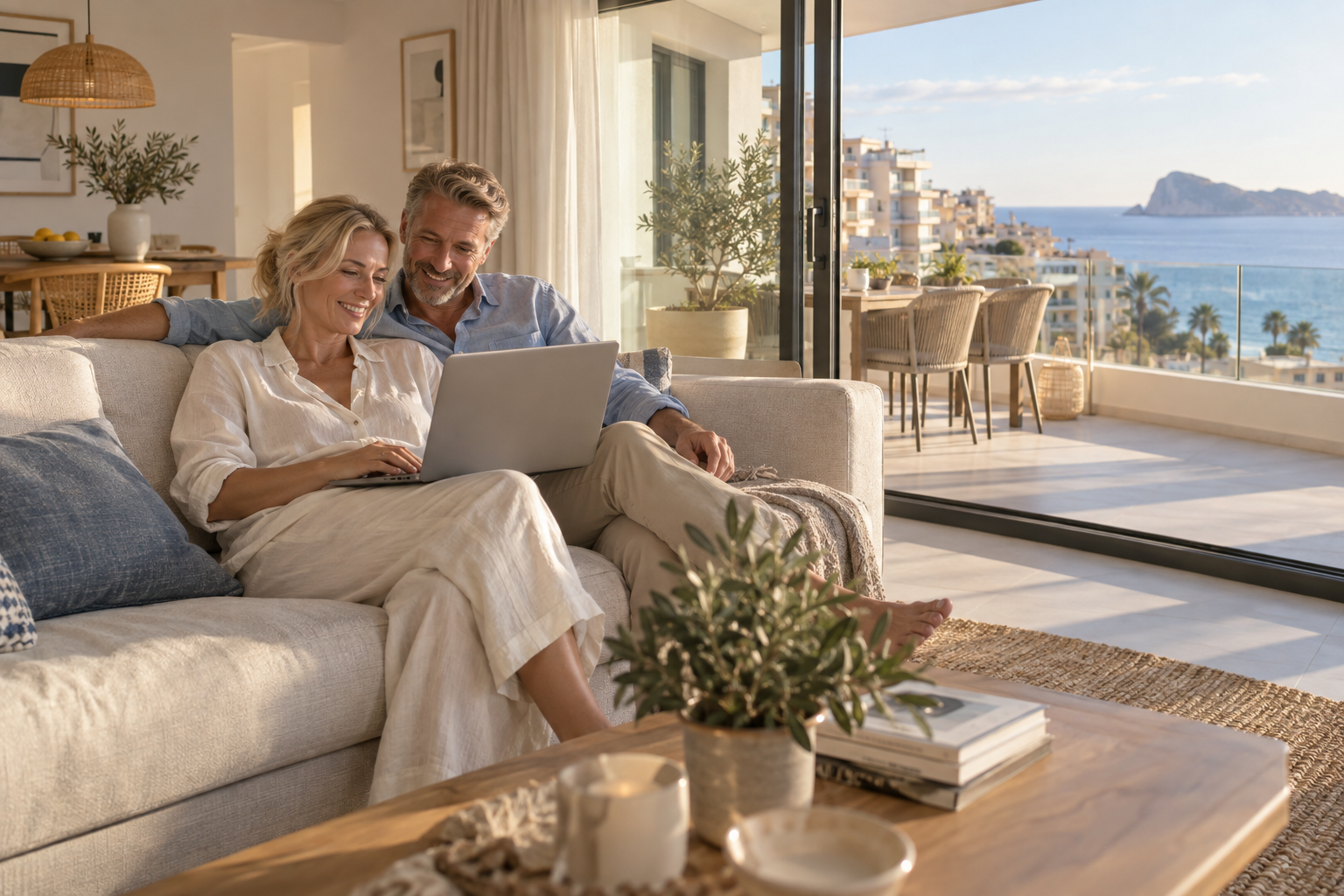 Happy Scandinavian couple enjoying connected life in their Costa Blanca apartment